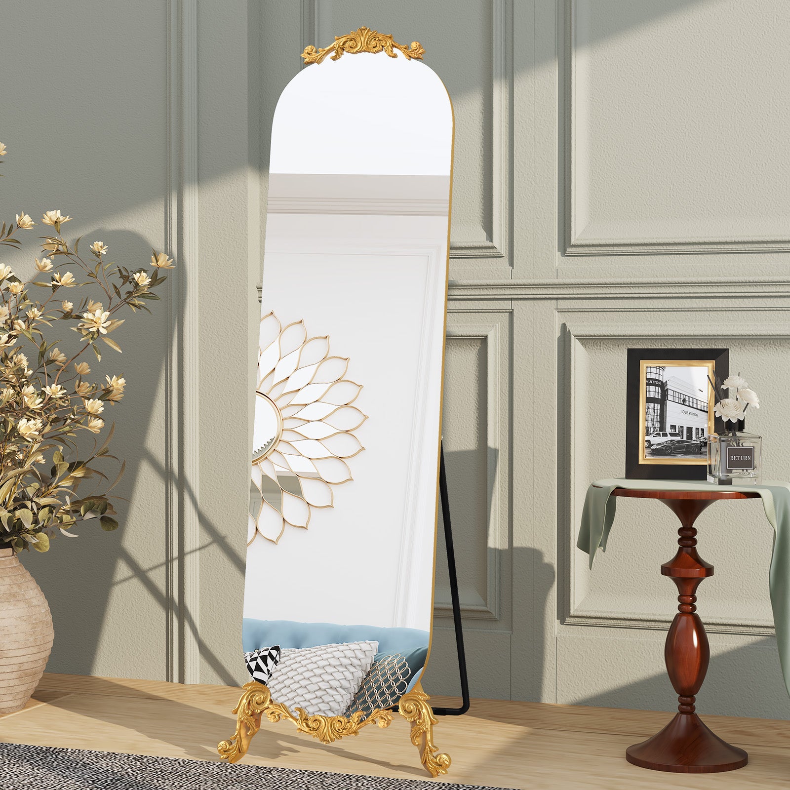 CBJCBJ Retro Carved Frameless Full-Length Mirror, High-Definition Explosion-Proof Bedroom Dressing Mirror,Gold