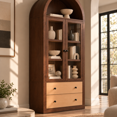 HLR 71" Tall Arched Modern Display Cabinet with Drawers, Curio Bookcase Cabinet with Glass Doors, Brown