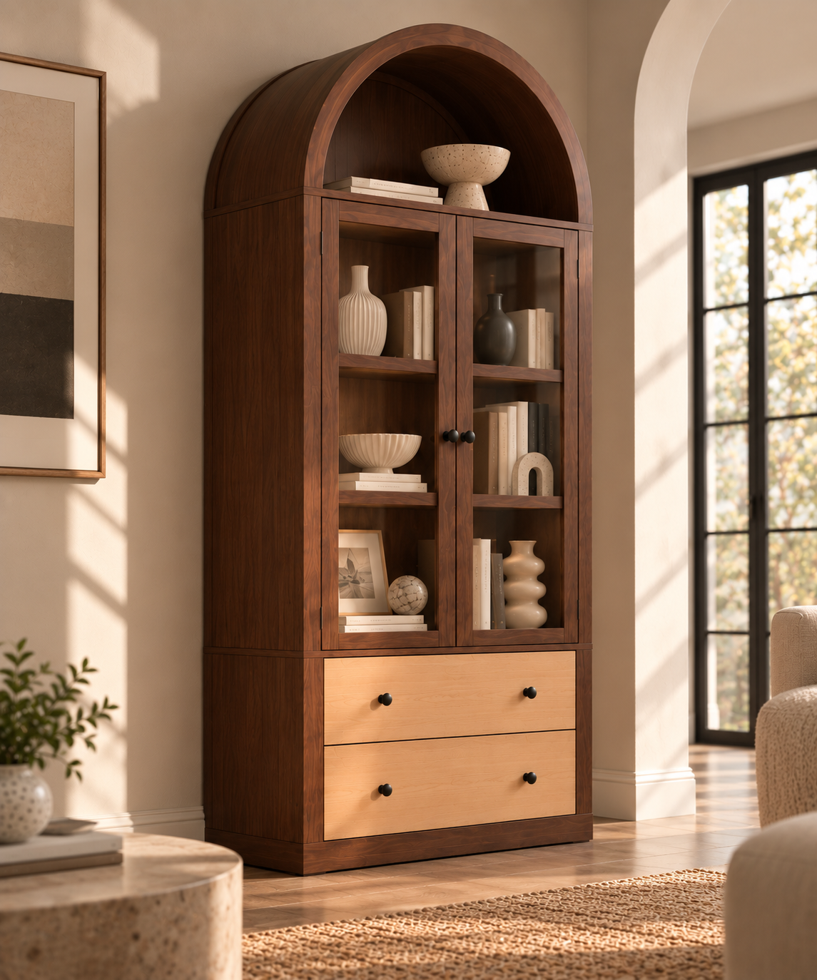 HLR 71" Tall Arched Modern Display Cabinet with Drawers, Curio Bookcase Cabinet with Glass Doors, Brown