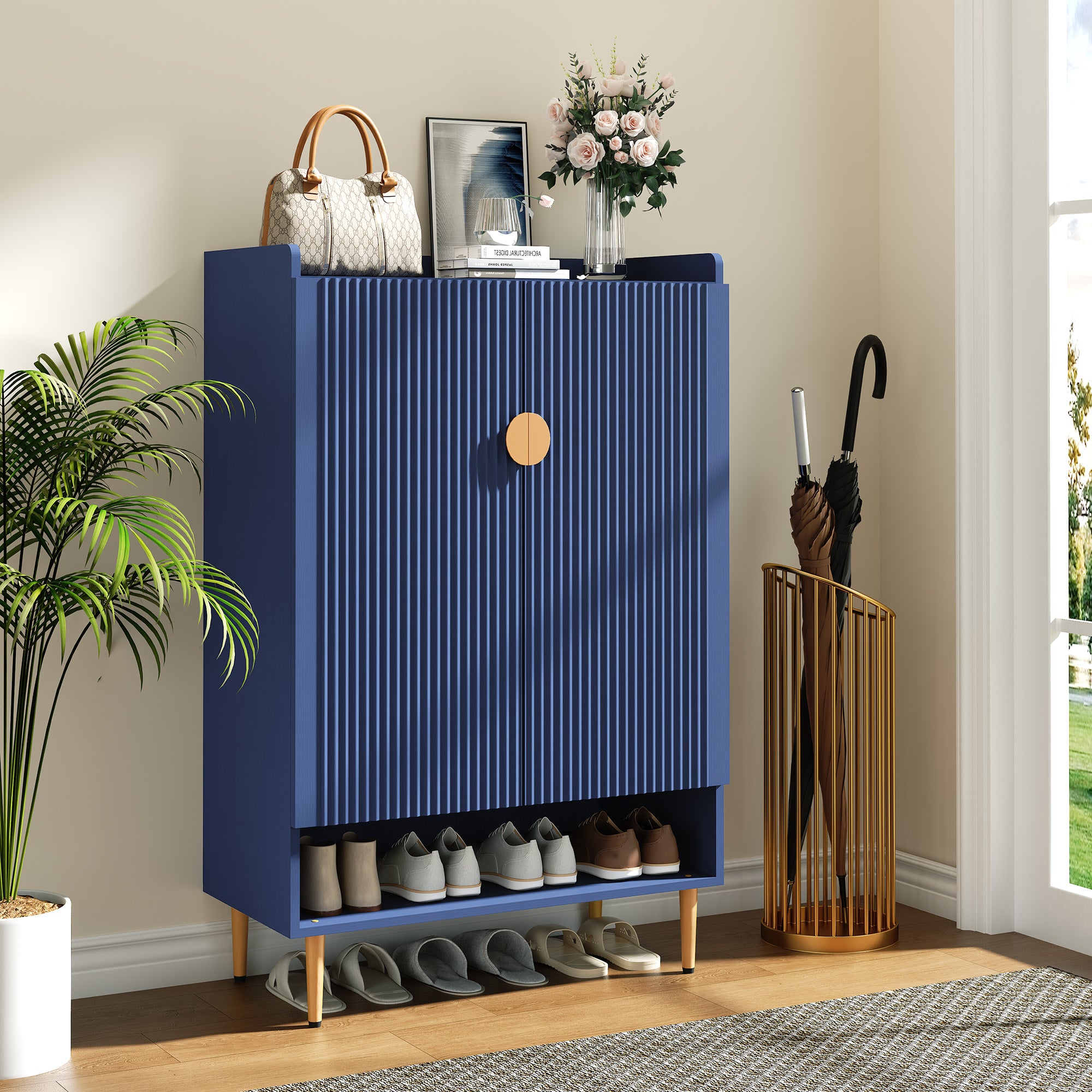CBJCBJ 7-Tier Shoe Cabinet Storage with 2 Door and Adjustable Shelves Wood Shoes Rack for Entryway, Blue