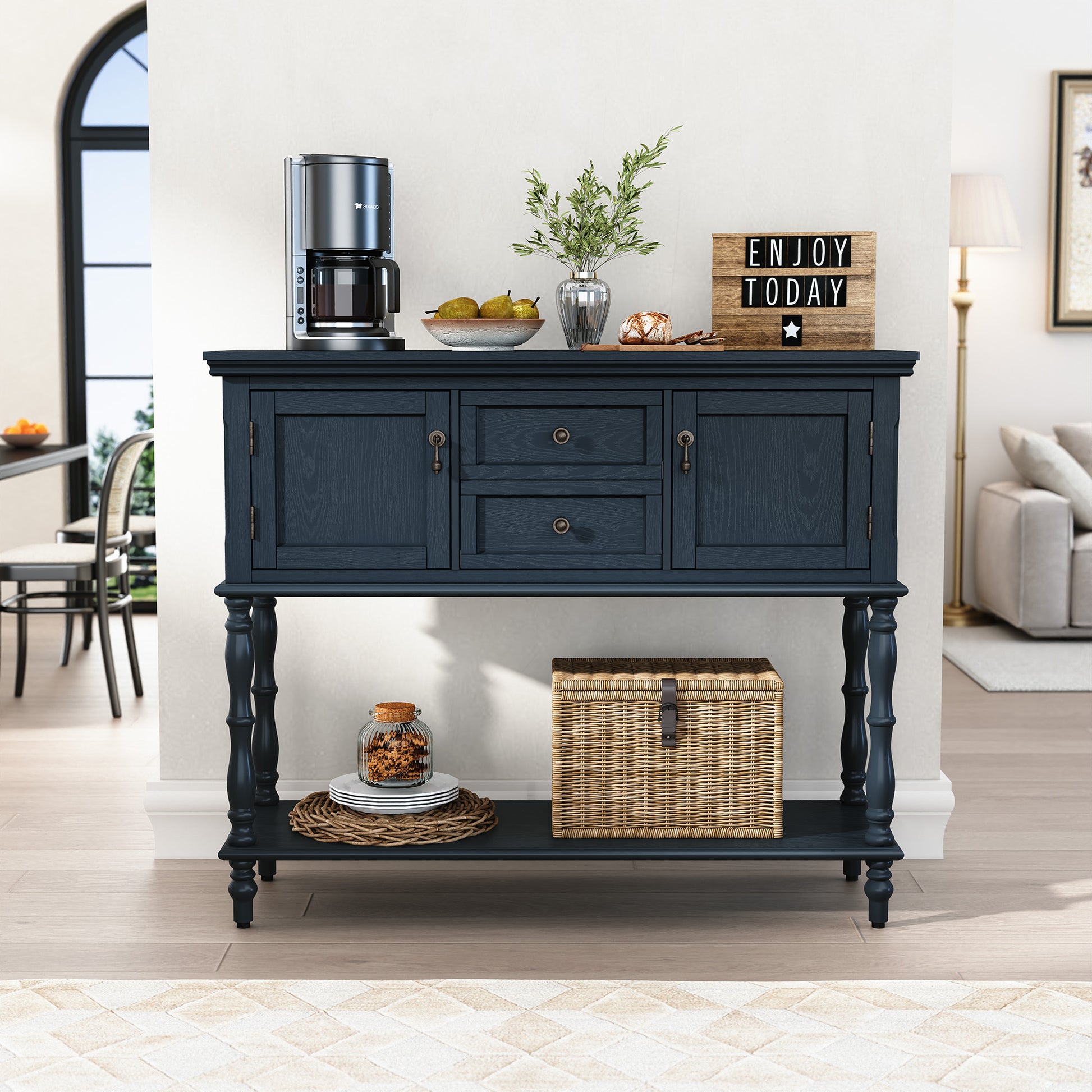 CBJCBJ 42" Farmhouse Console Table , 2 Drawer Narrow Long Entryway Table with Open Storage Shelf , for Living Room, Blue