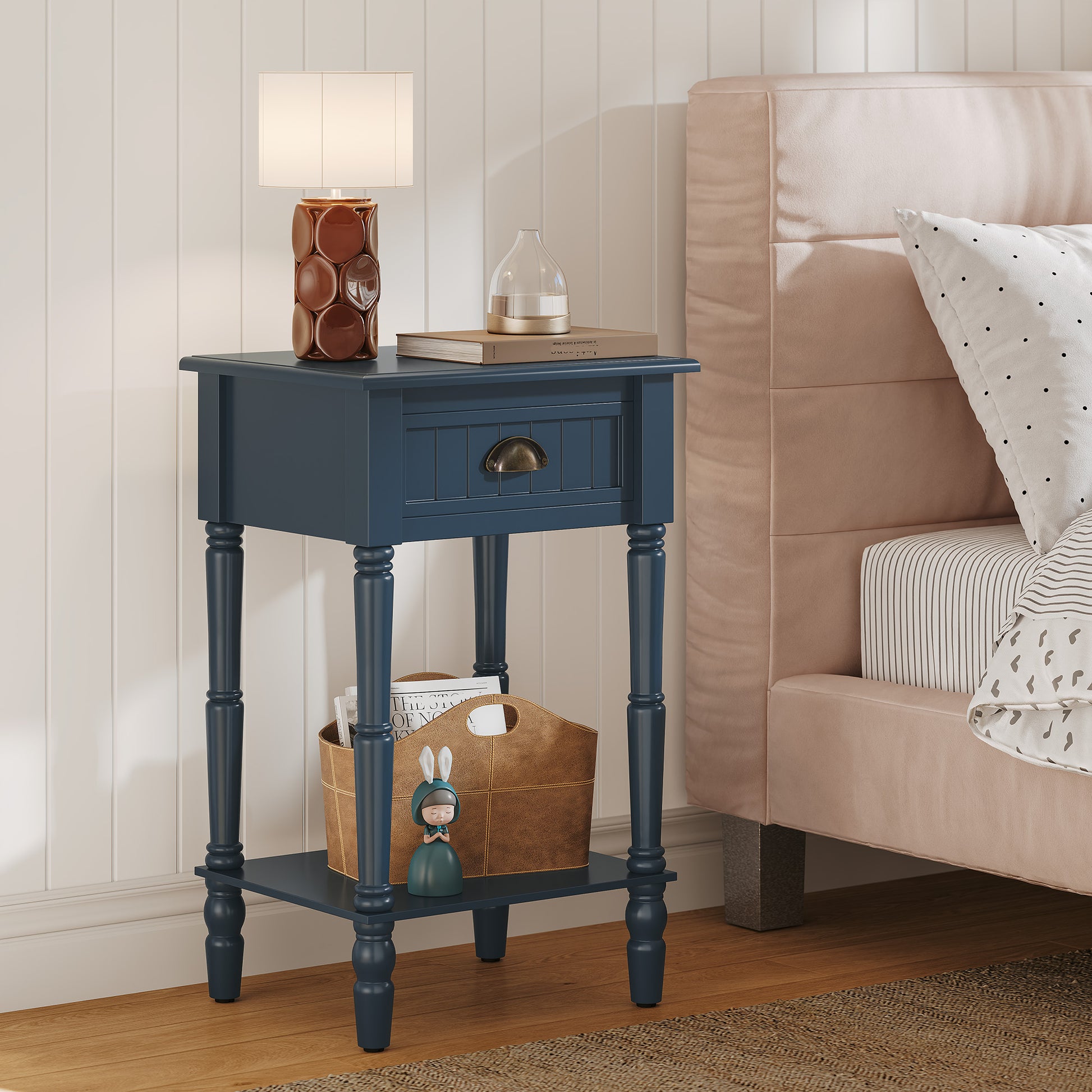 HLR 26"H Modern Nightstand with Drawer, Minimal Assembly Wood End Table for Bedroom, Blue