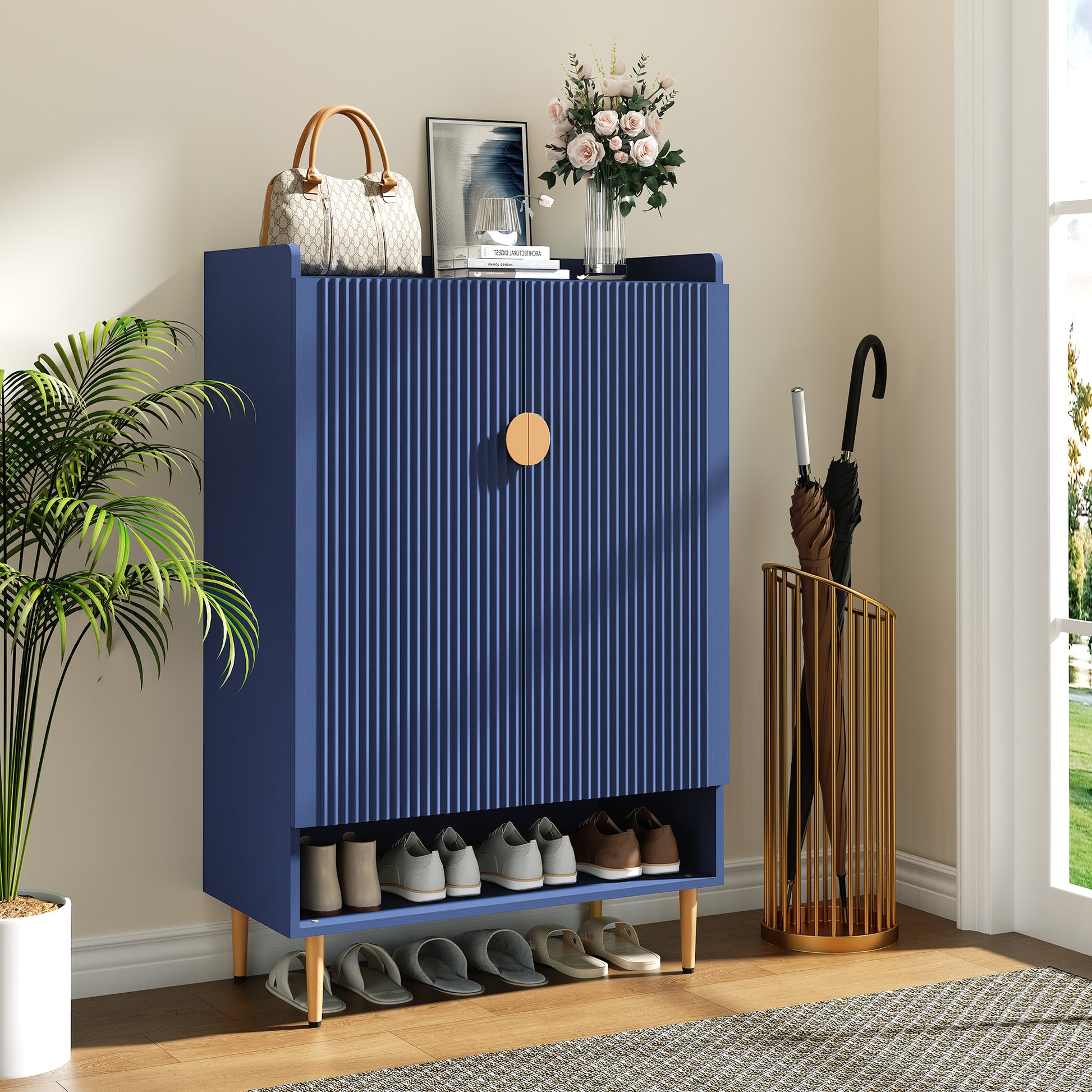 CBJCBJ 7-Tier Shoe Cabinet Storage with 2 Door and Adjustable Shelves Wood Shoes Rack for Entryway, Blue