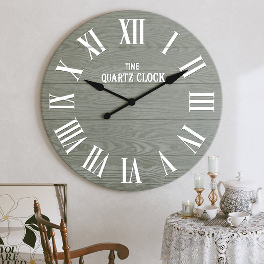 CBJCBJ 35.5” Farmhouse Large Shiplap Round Wall Clock with Roman Numeral for Living Room Decor,Green