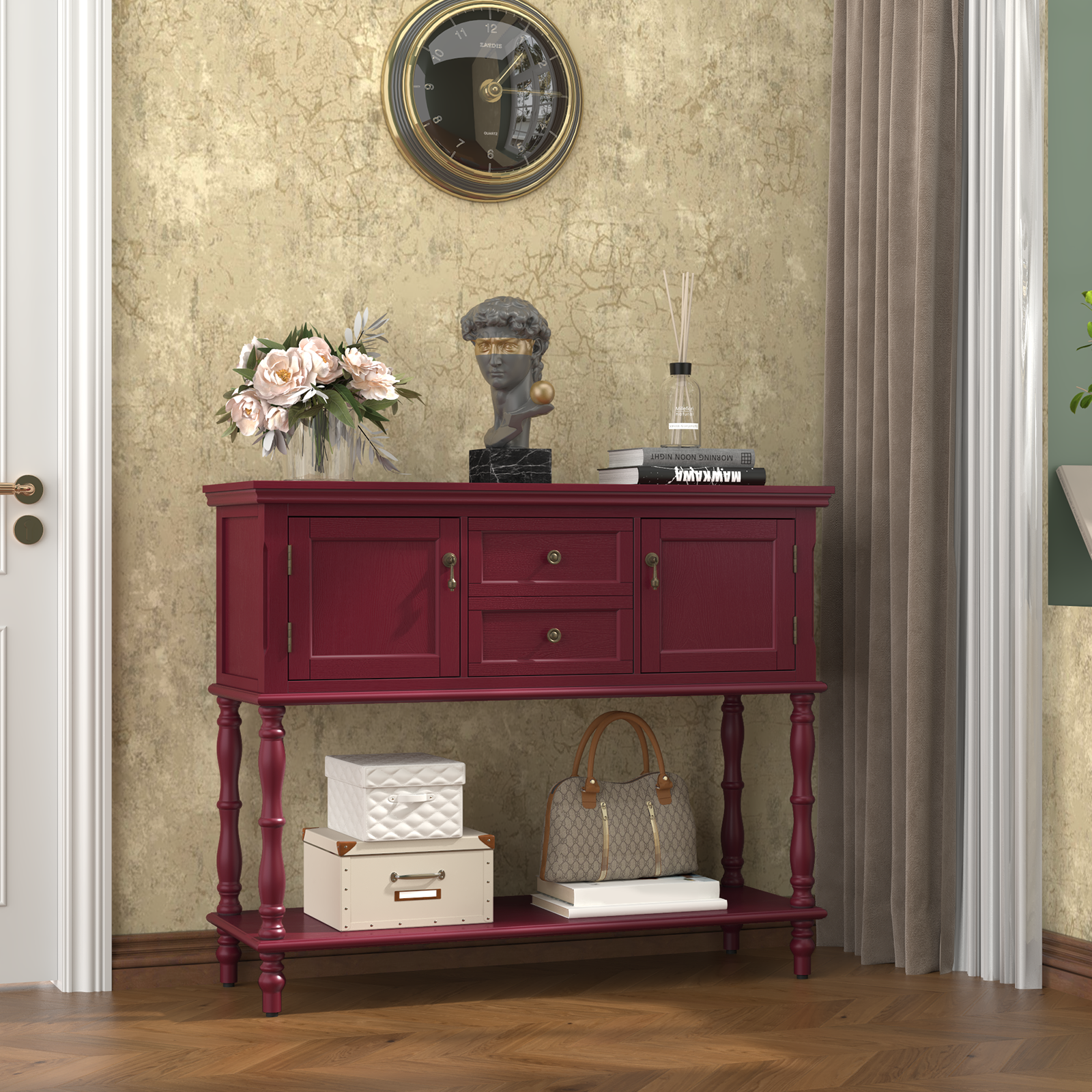 HLR 42" Farmhouse Modern Console Table, Entryway Table with Storage Shelf for Living Room, Red