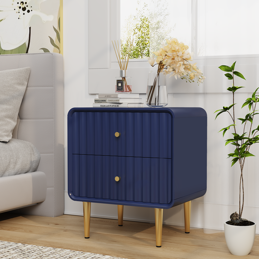 CBJCBJ 20" Modern Fluted Nightstand Set of 1, White Wood Bedside Table with 2 Drawers & Gold Metal Handles（BLUE)