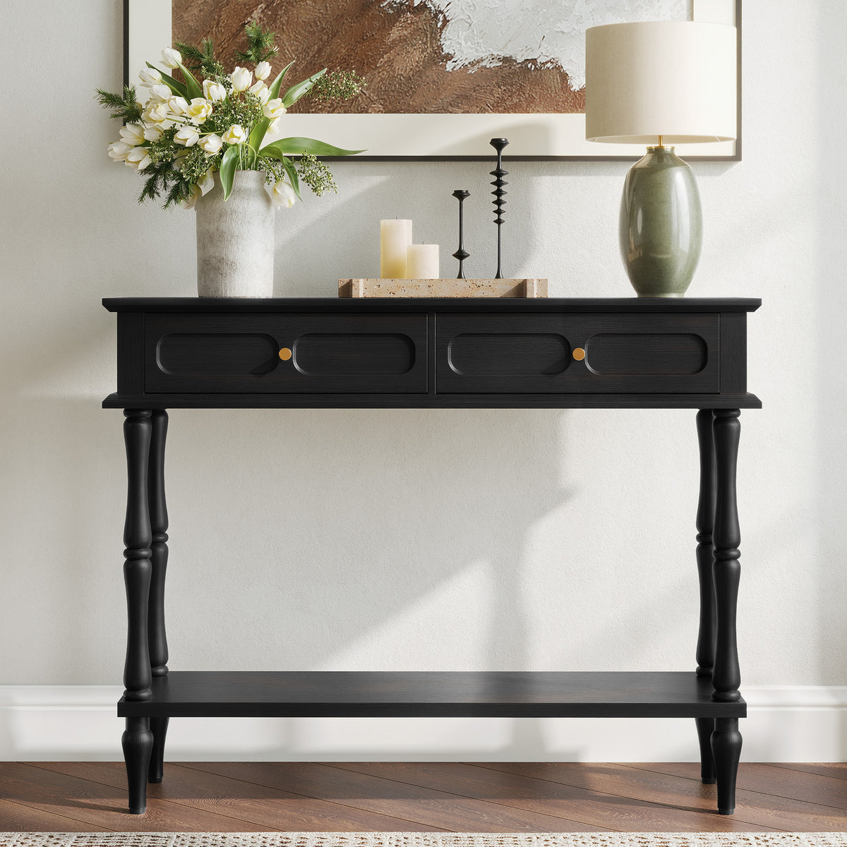 HLR 41" Mid Century Console Tables, Entryway Tables with 2 Drawers, 10 Mins Assembly, Black