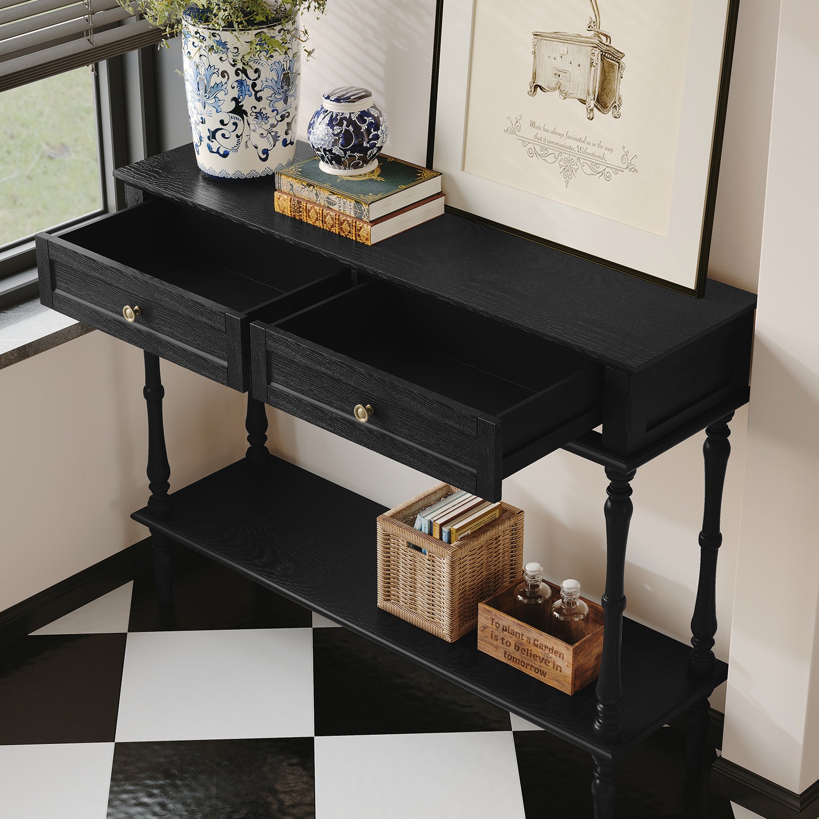 CBJCBJ40"Vintage Minimal Assembly Console Table with 2 Storage Drawers,Suitable for Living Room,Black
