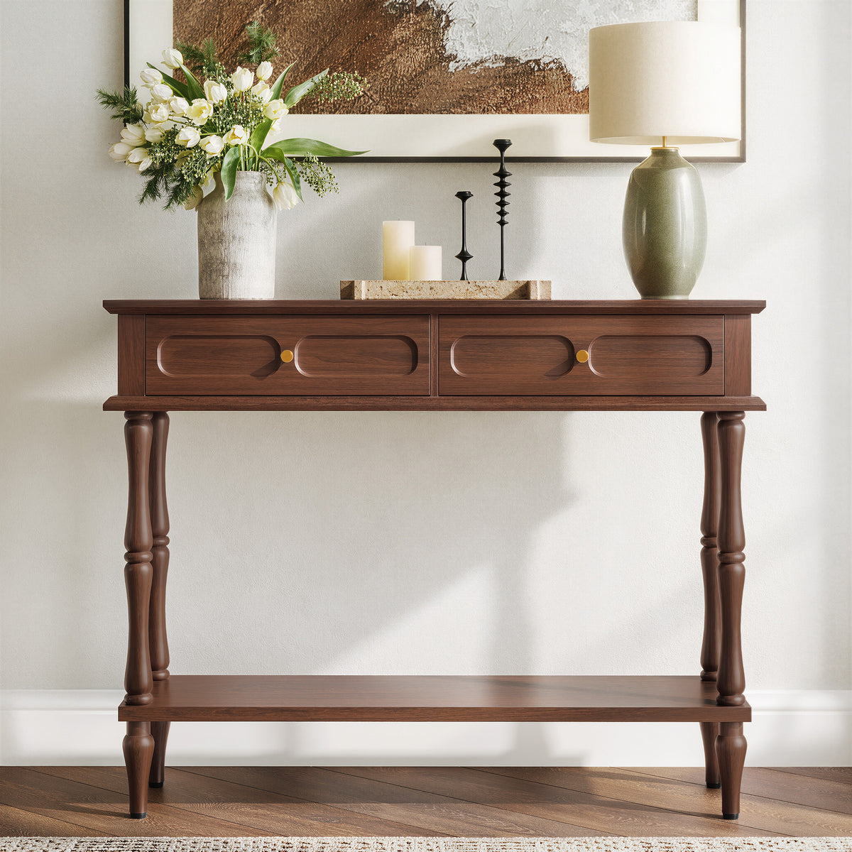 HLR 41" Mid Century Console Tables, Entryway Tables with 2 Drawers, 10 Mins Assembly, Brown