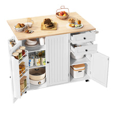 HLR 50.39" Kitchen Island with Storage, Wood Top Cart with Drop Leaf and Wheels, White