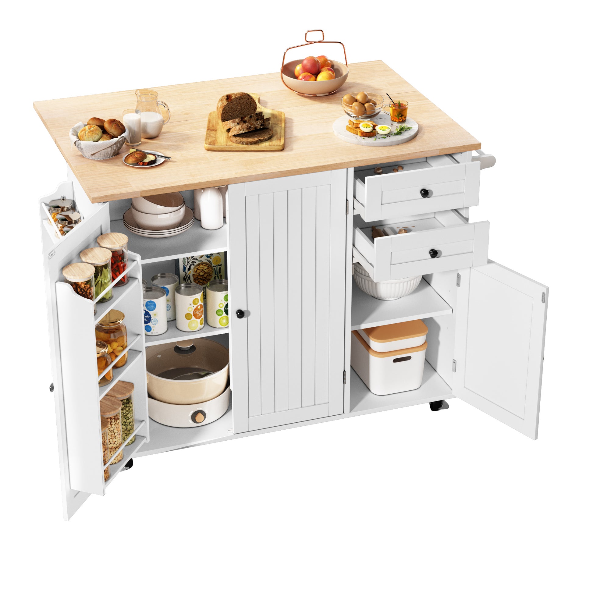 HLR 50.39" Kitchen Island with Storage, Wood Top Cart with Drop Leaf and Wheels, White