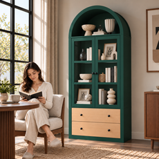 HLR 71" Tall Arched Modern Display Cabinet with Drawers, Curio Bookcases Cabinet with Glass Doors, Green