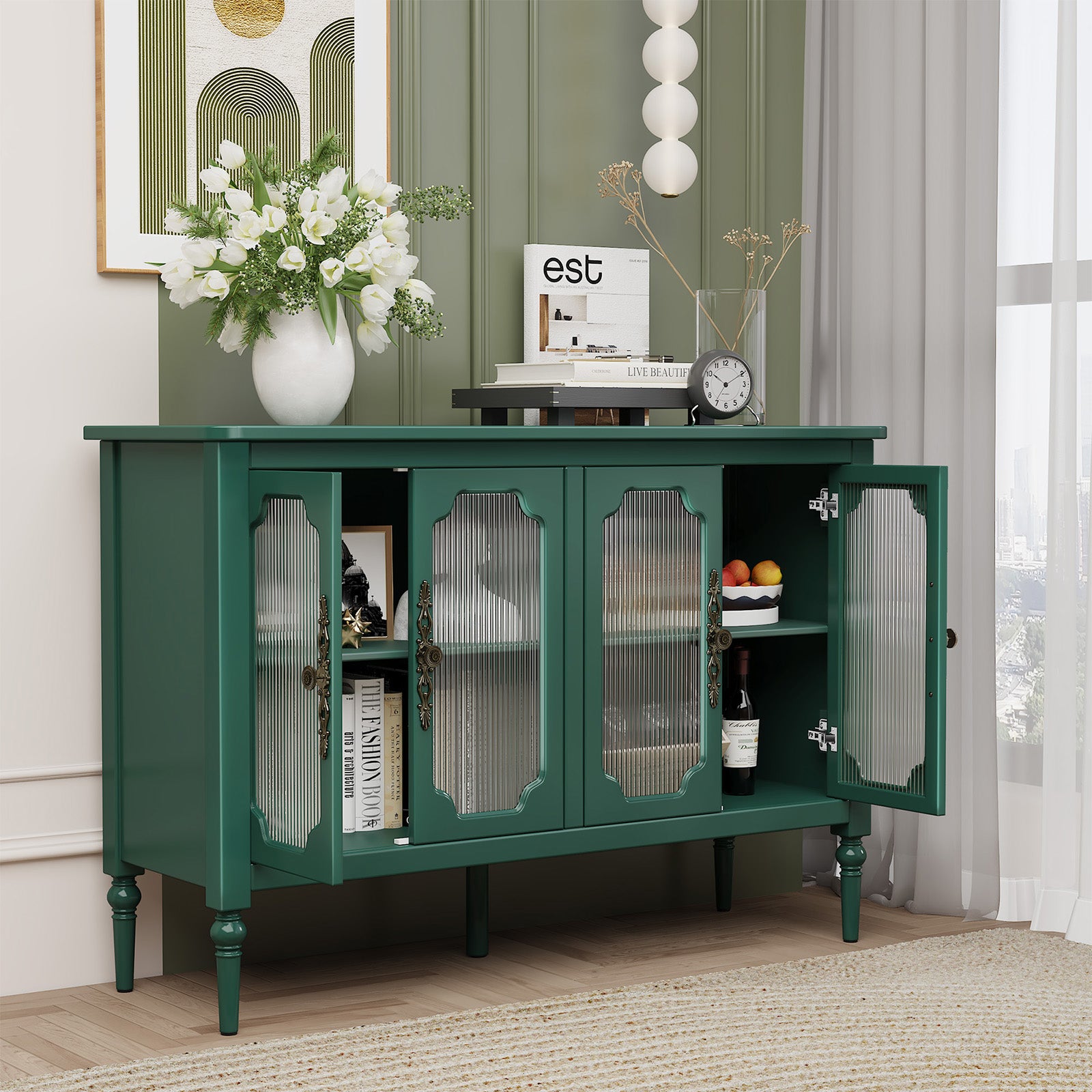 CBJCBJ 47" Retro 4 Door Buffet & Bar Cabinet, Sideboard Storage Cabinet for Dining Room, Green