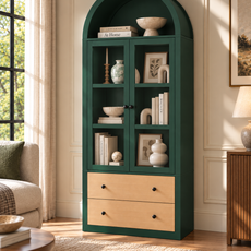 HLR 71" Tall Arched Modern Display Cabinet with Drawers, Curio Bookcases Cabinet with Glass Doors, Green