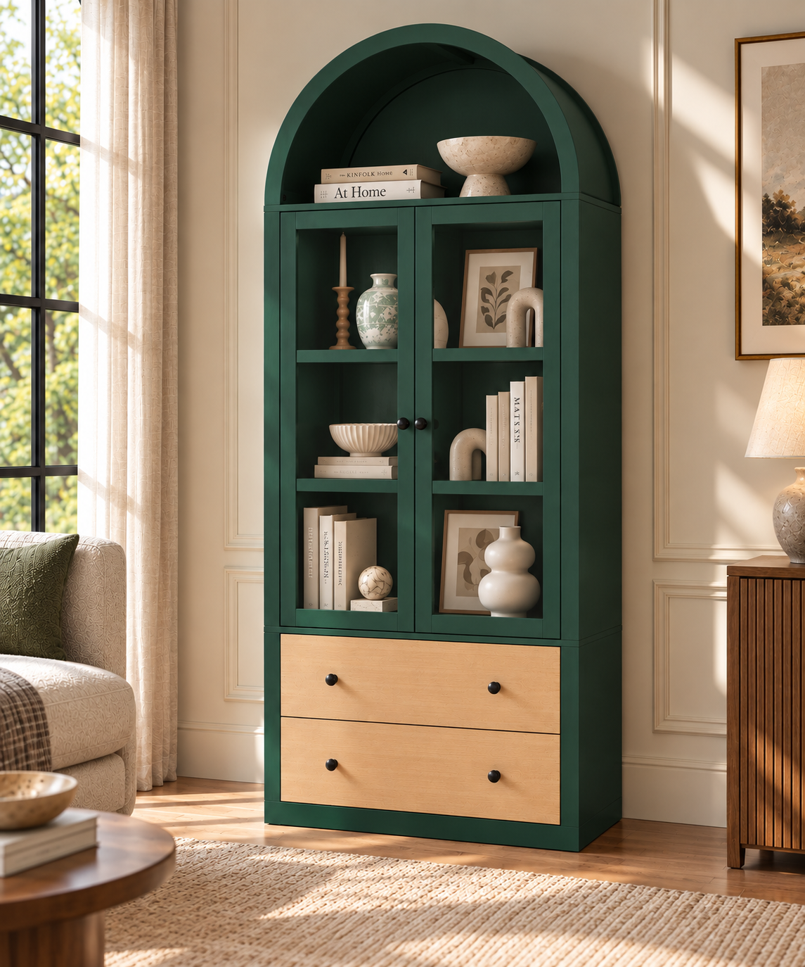 HLR 71" Tall Arched Modern Display Cabinet with Drawers, Curio Bookcases Cabinet with Glass Doors, Green