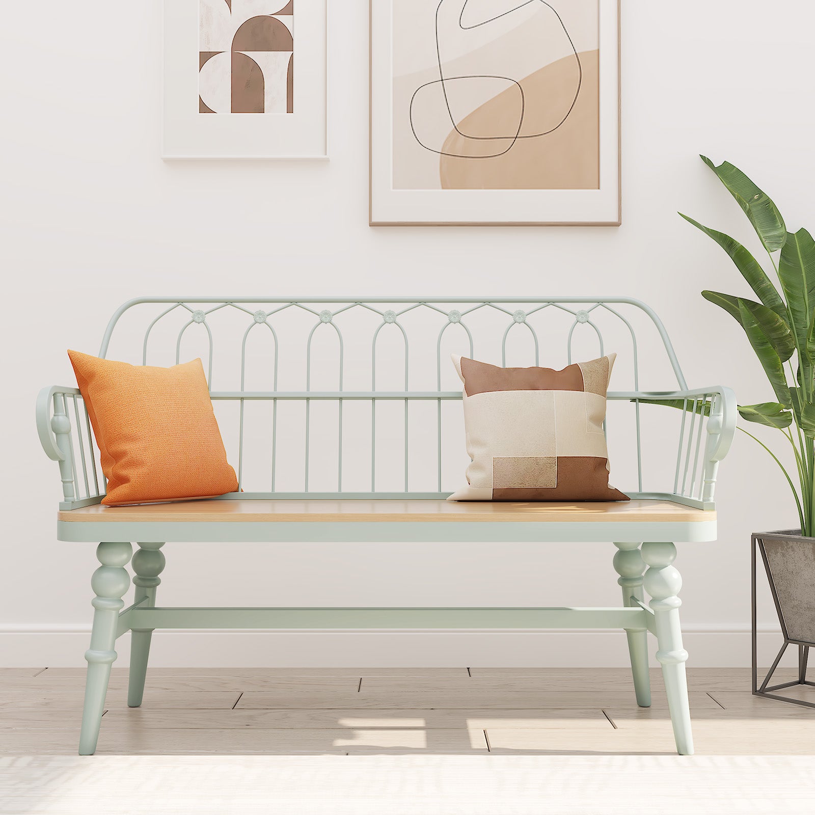 HLR Farmhouse Entryway Bench, Spindle Back Support Wood Dining Benches for Living Room, Mudroom, Green