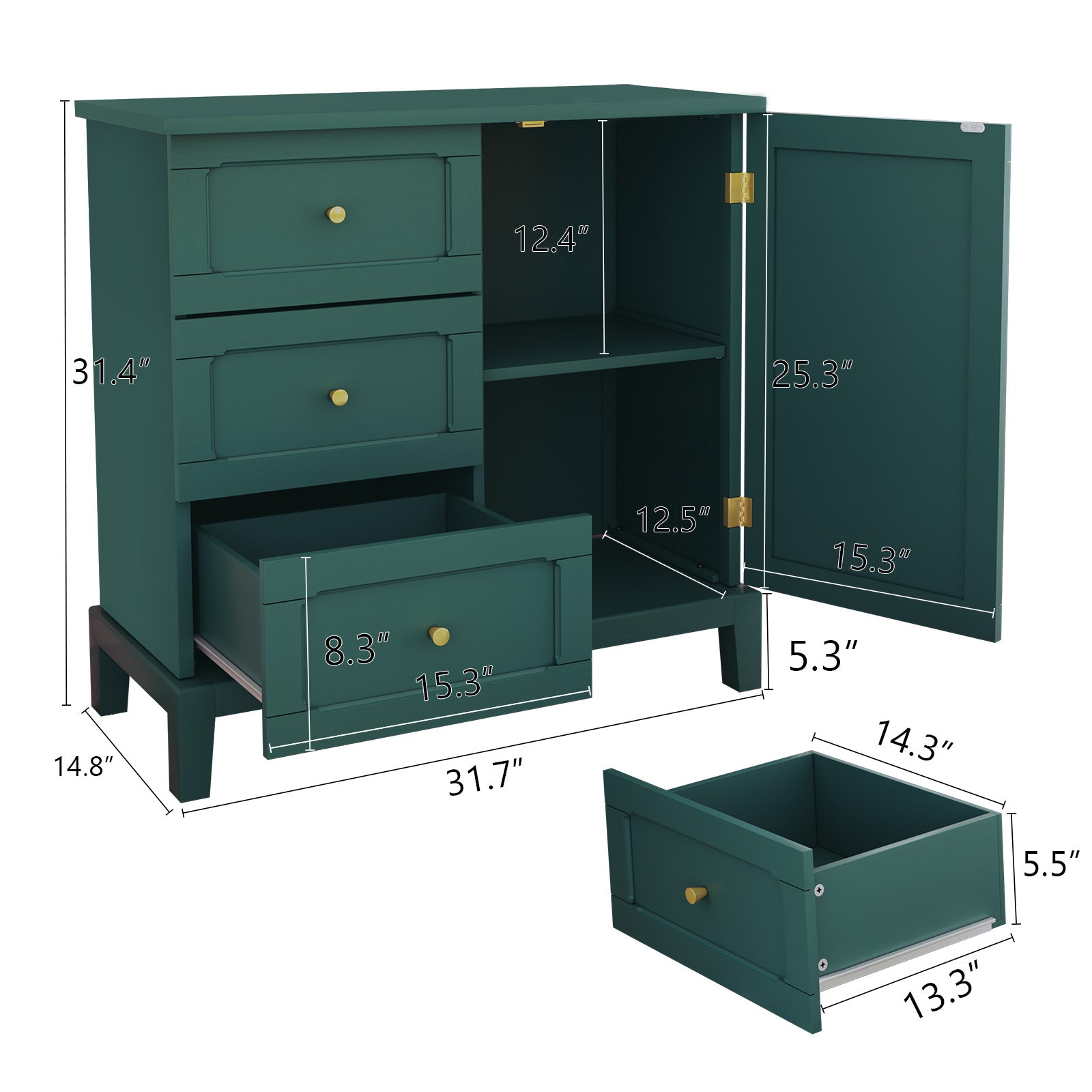 CBJCBJ 31.7"Storage Cabinet, Classical 3 Drawers & 1 Door Design with Gold-Tone Handles, Multi-Use Organizer for Living Room, Kitchen, Bathroom