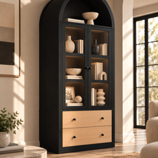 HLR 71" Tall Arched Modern Display Cabinet with Drawers, Curio Bookcases Cabinet with Glass Doors, Black