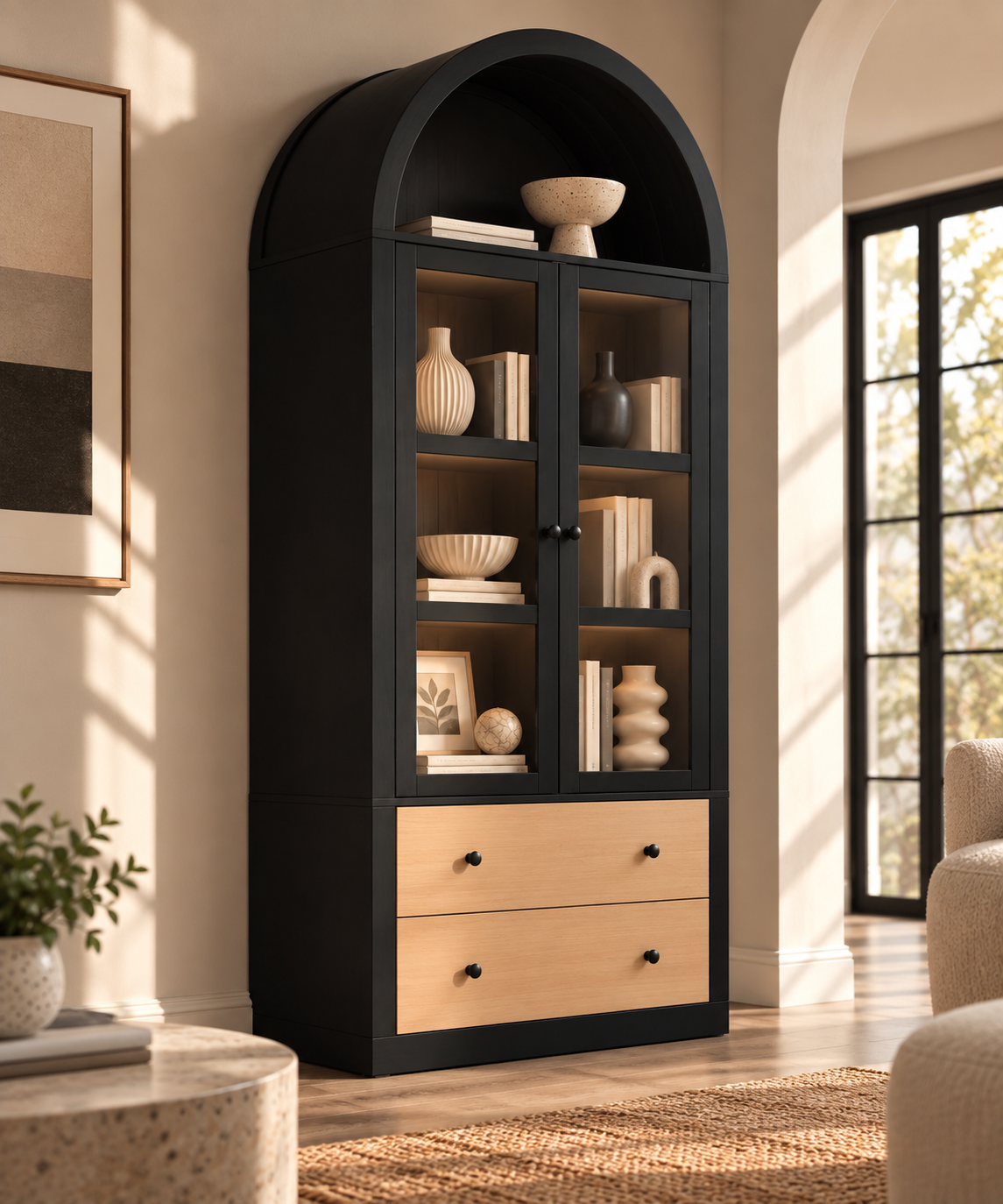 HLR 71" Tall Arched Modern Display Cabinet with Drawers, Curio Bookcases Cabinet with Glass Doors, Black