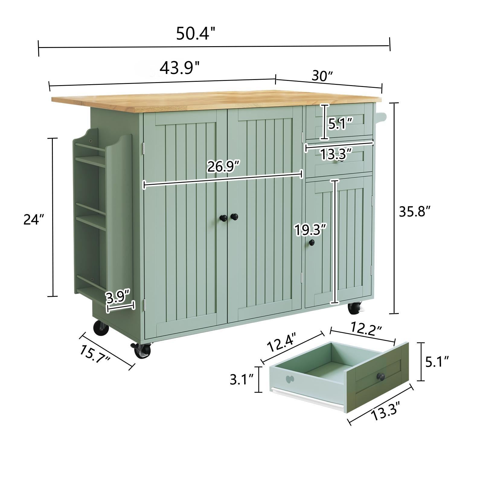 HLR 50.39" Kitchen Island with Storage, Wood Top Cart with Drop Leaf and Wheels, Green