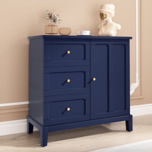 HLR Modern 32" Accent Cabinet 3 Drawers & Door, Wood Sideboard with Storage for Living Room Navy Blue