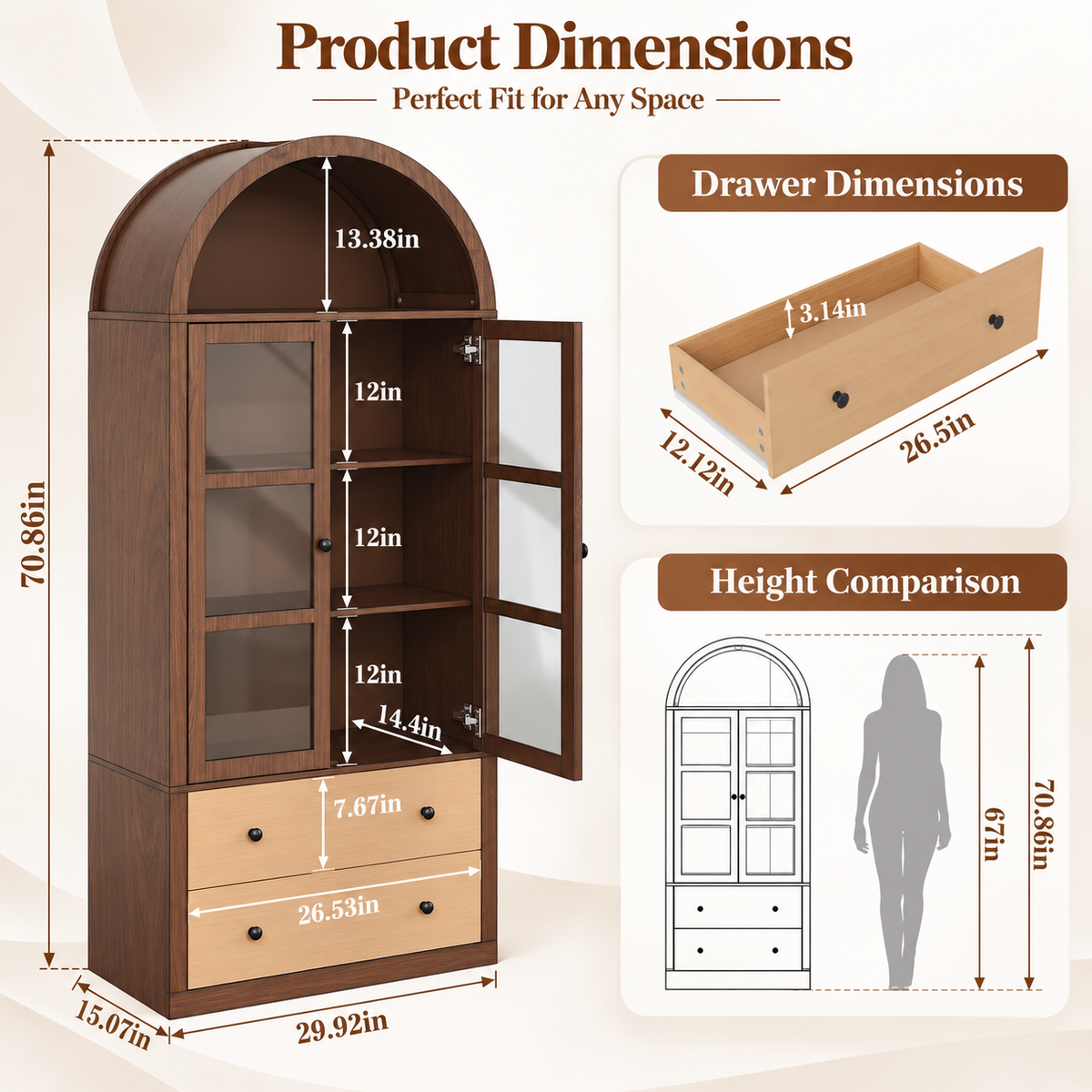 HLR 71" Tall Arched Modern Display Cabinet with Drawers, Curio Bookcase Cabinet with Glass Doors, Brown