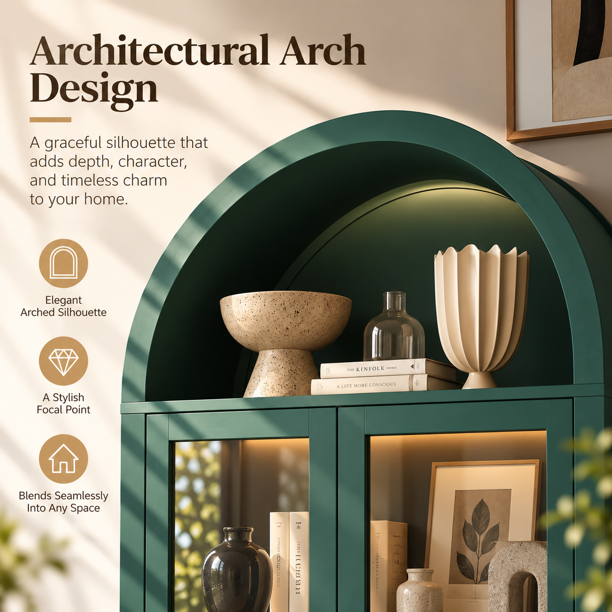 HLR 71" Tall Arched Modern Display Cabinet with Drawers, Curio Bookcases Cabinet with Glass Doors, Green
