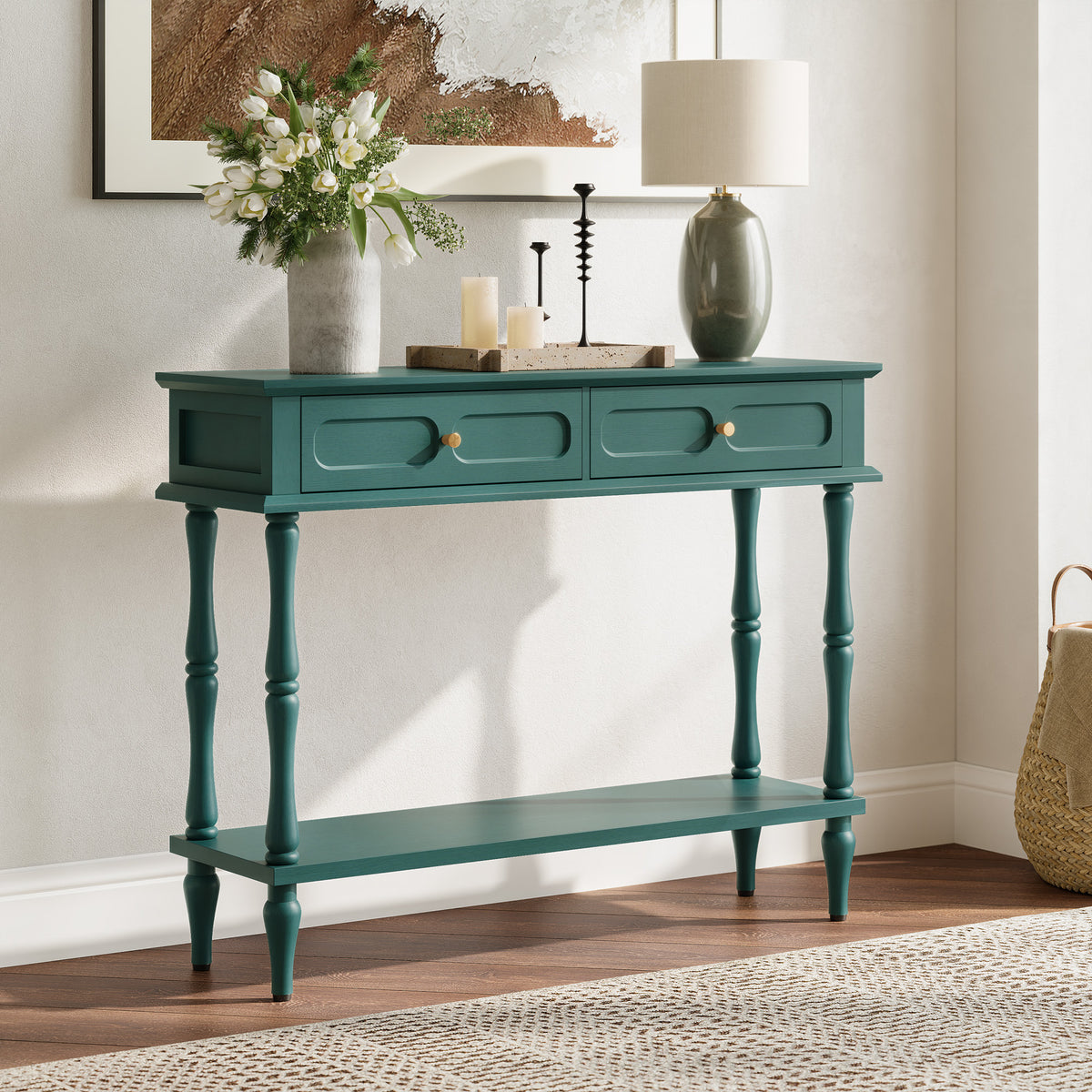 HLR 41" Mid Century Console Tables, Entryway Tables with 2 Drawers, 10 Mins Assembly, Green