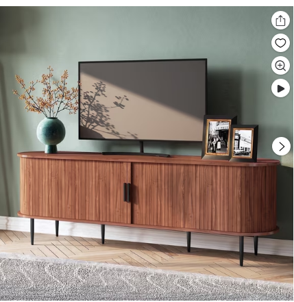 HLR 70" TV Stand for 75" TV, Wood Entertainment Center with Storage and Shelves, 2 Sliding Tambour Doors, Mid-Century Modern, Walnut