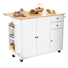 HLR 50.39" Kitchen Island with Storage, Wood Top Cart with Drop Leaf and Wheels, White