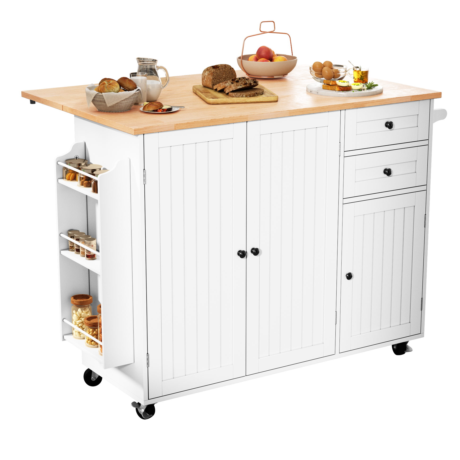 HLR 50.39" Kitchen Island with Storage, Wood Top Cart with Drop Leaf and Wheels, White