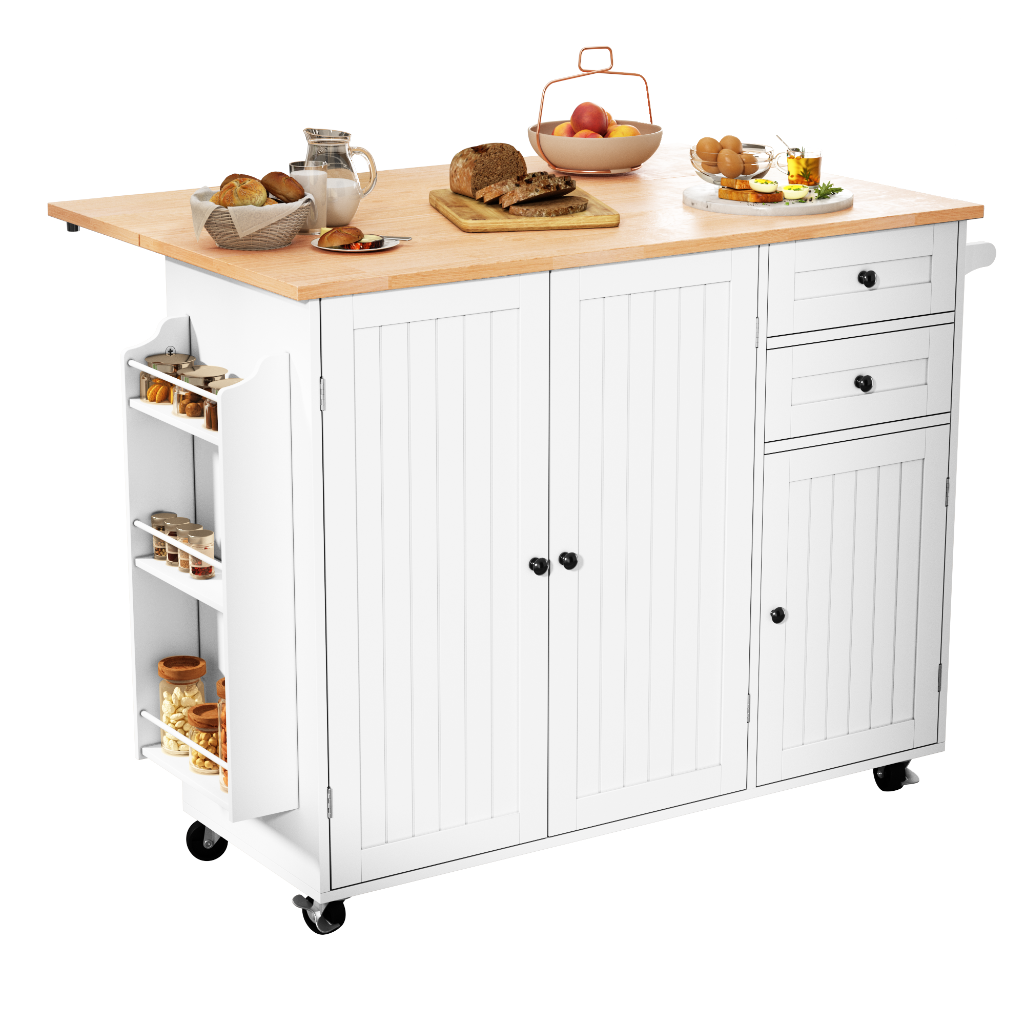 HLR 50.39" Kitchen Island with Storage, Wood Top Cart with Drop Leaf and Wheels, White