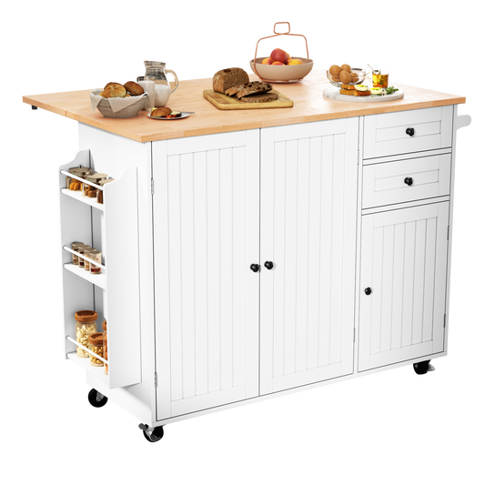 HLR 50.39" Kitchen Island with Storage, Wood Top Cart with Drop Leaf and Wheels, White