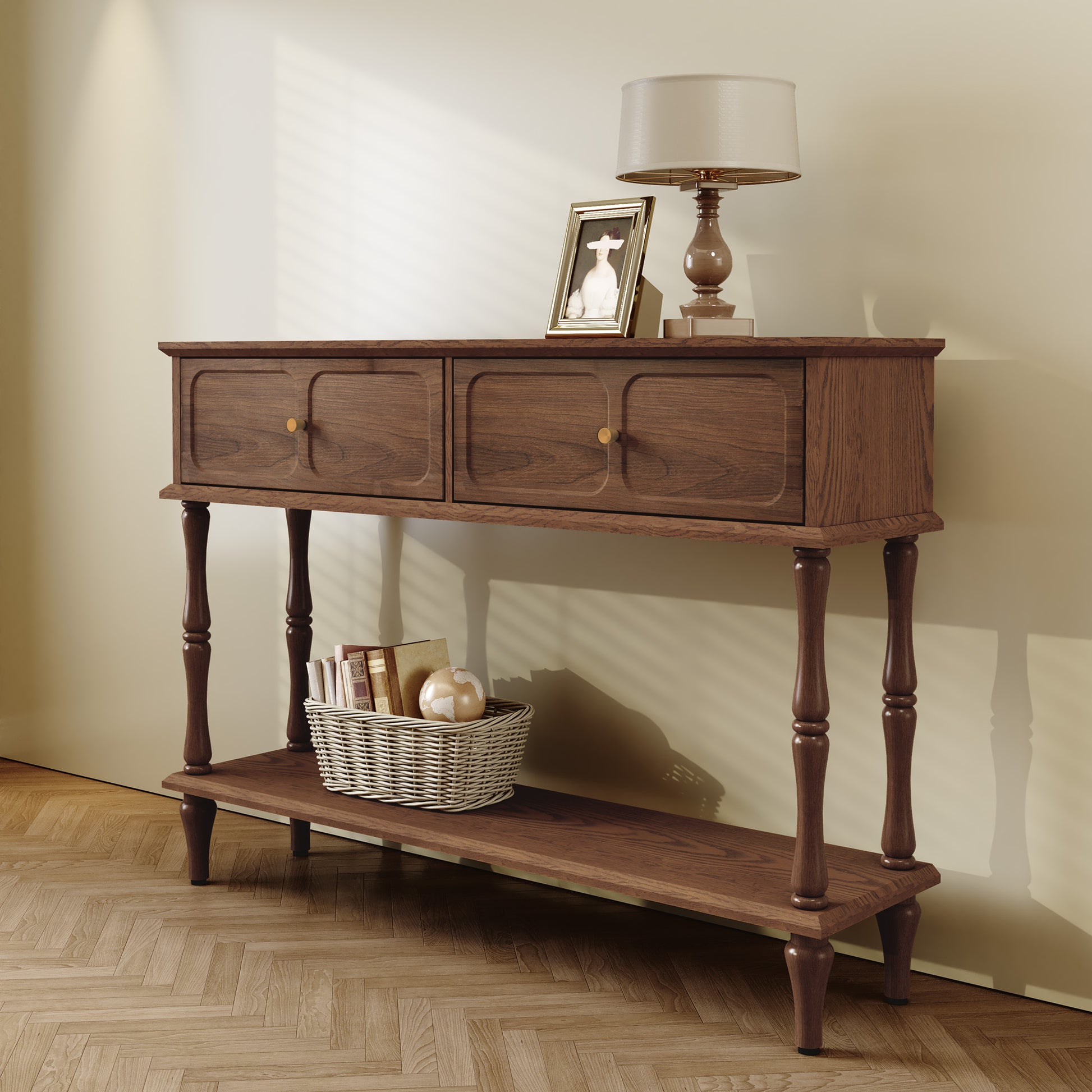 HLR 47" Mid Century Console Table, Aged Finish Entryway Table with Storage Shelf for Hallway, Brown