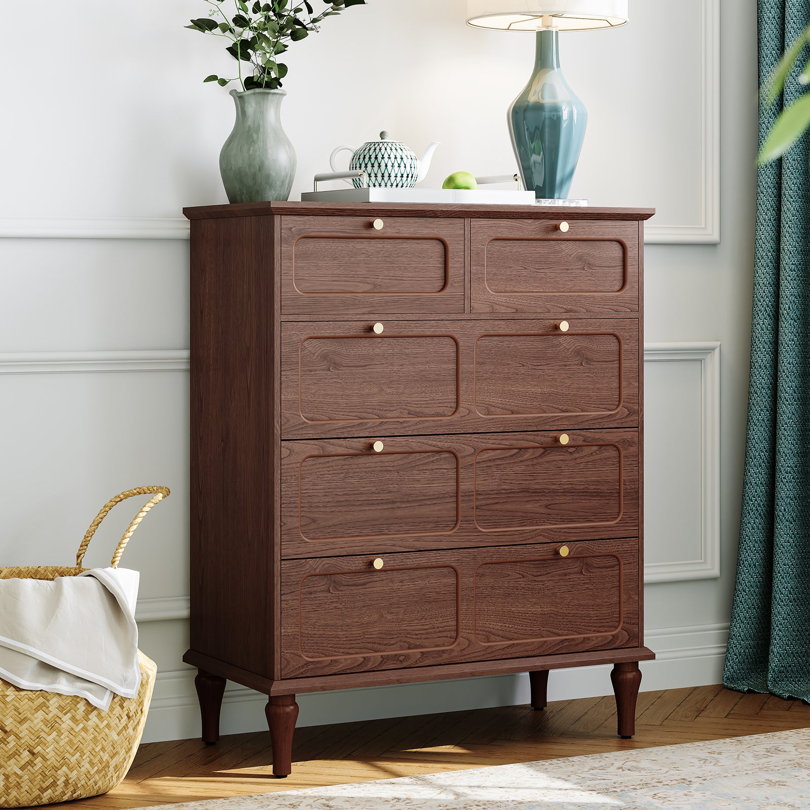 HLR 40" Mid-century 5 Drawer Dresser for Bedroom, Small Dressers & Chest of Drawers, Brown