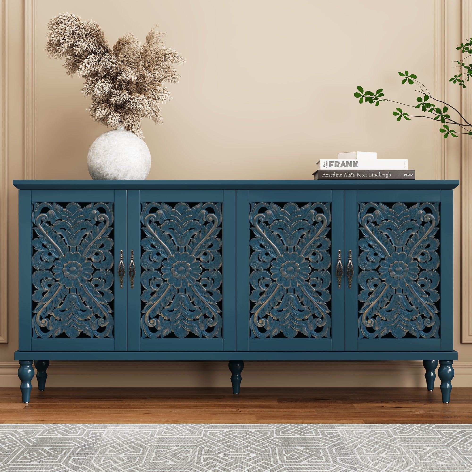 HLR 62'' Mid Century Vintage Sideboards Buffets Cabinet with 4 Doors Storage for Kitchen Dining, Blue