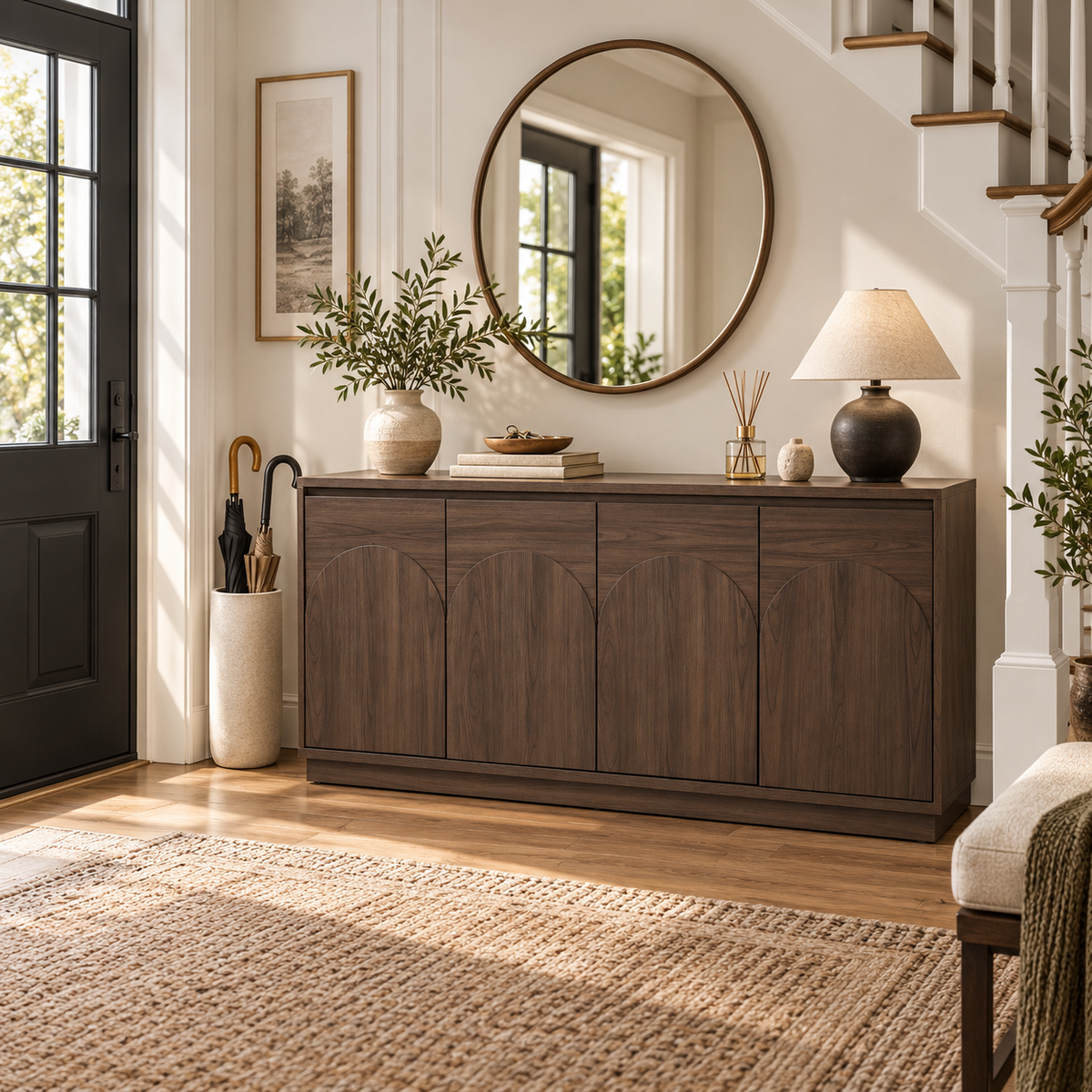 HLR 63'' Sideboard Buffet Cabinet, Mid-Century Wood Accent Cabinet with 4 Doors Storage for Living, Gray
