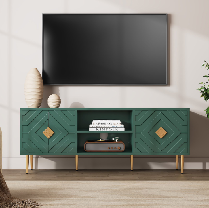 HLR Modern 63" TV Stand, for TVs up to 75", Living Room Entertainment Center with 4 Door Storage Cabinet, Green