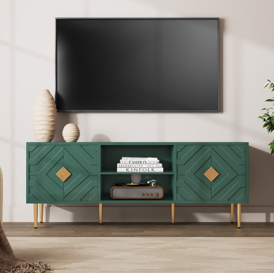 HLR Modern 63" TV Stand, for TVs up to 75", Living Room Entertainment Center with 4 Door Storage Cabinet, Green