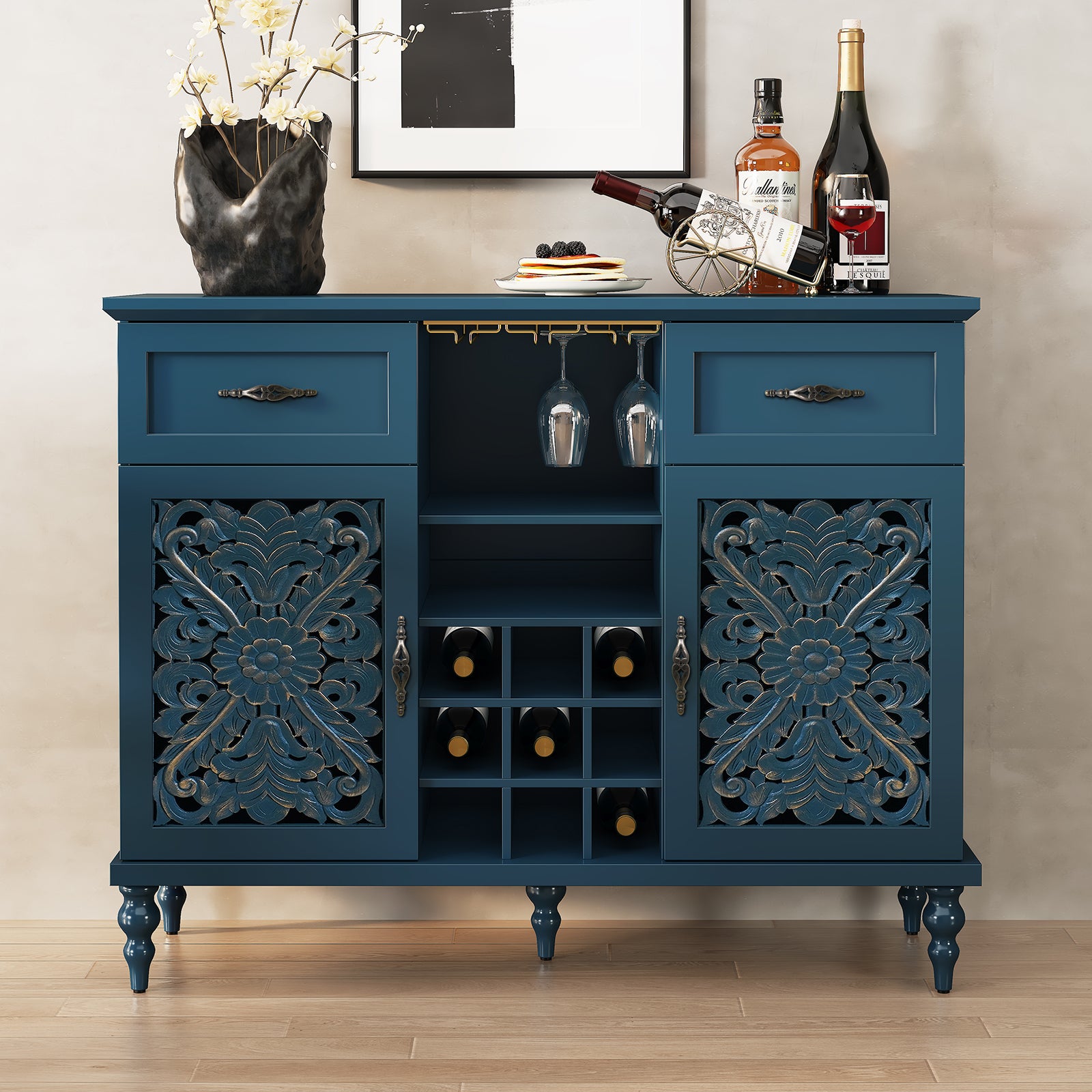 CBJCBJ 47" Wine Bar Cabinet with wine glass holder, Retro Coffee Bar Cabinet with Storage, for Dining Room