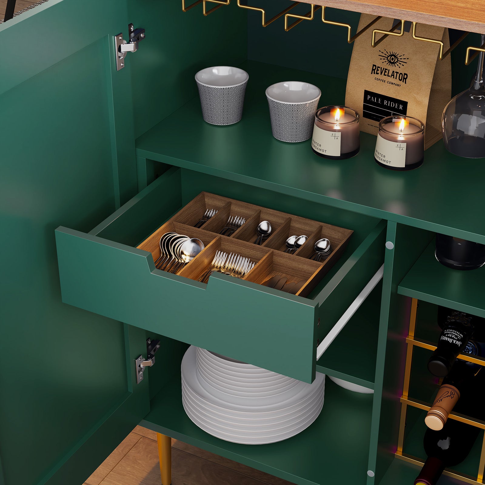 CBJCBJ 32" Wine Bar Cabinet with 2 Door Fluted Texture, Modern Coffee Cabinet with Rack&Glass Holder, , Green