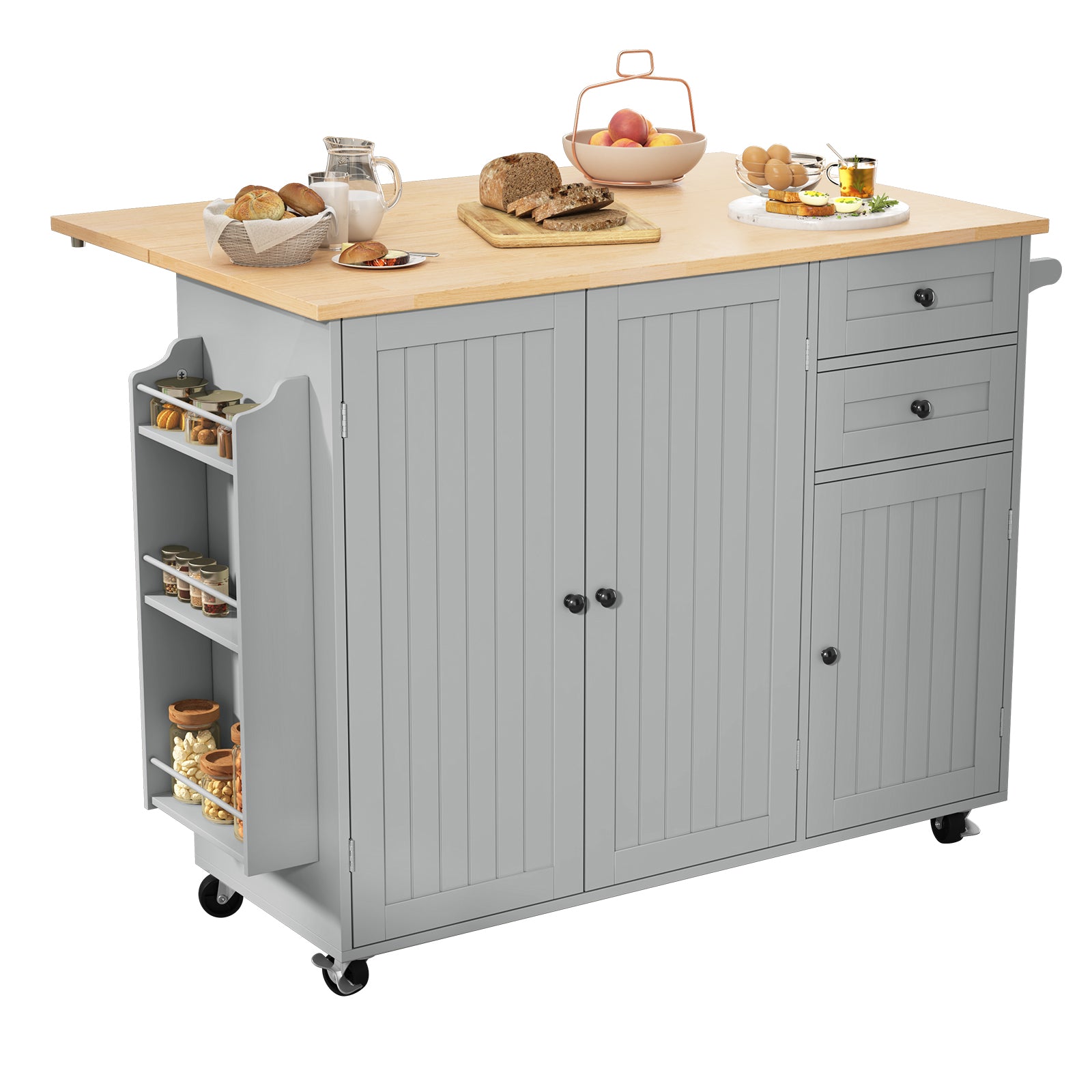 HLR 50.39" Kitchen Island with Storage, Wood Top Cart with Drop Leaf and Wheels, Gray