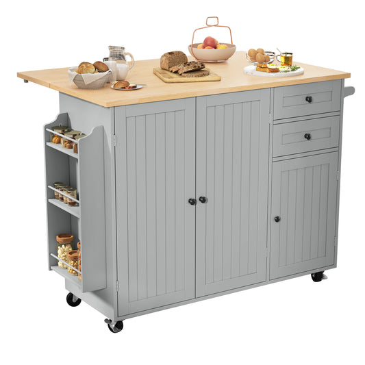 HLR 50.39" Kitchen Island with Storage, Wood Top Cart with Drop Leaf and Wheels, Gray