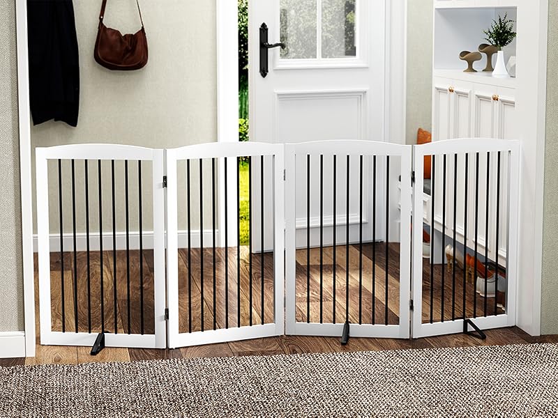 HLR® Freestanding Pet Gate for Dogs, Foldable Wooden Dog Gate, Indoor Pet Barrier for Stairs