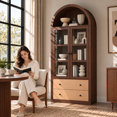 HLR 71" Tall Arched Modern Display Cabinet with Drawers, Curio Bookcase Cabinet with Glass Doors, Brown