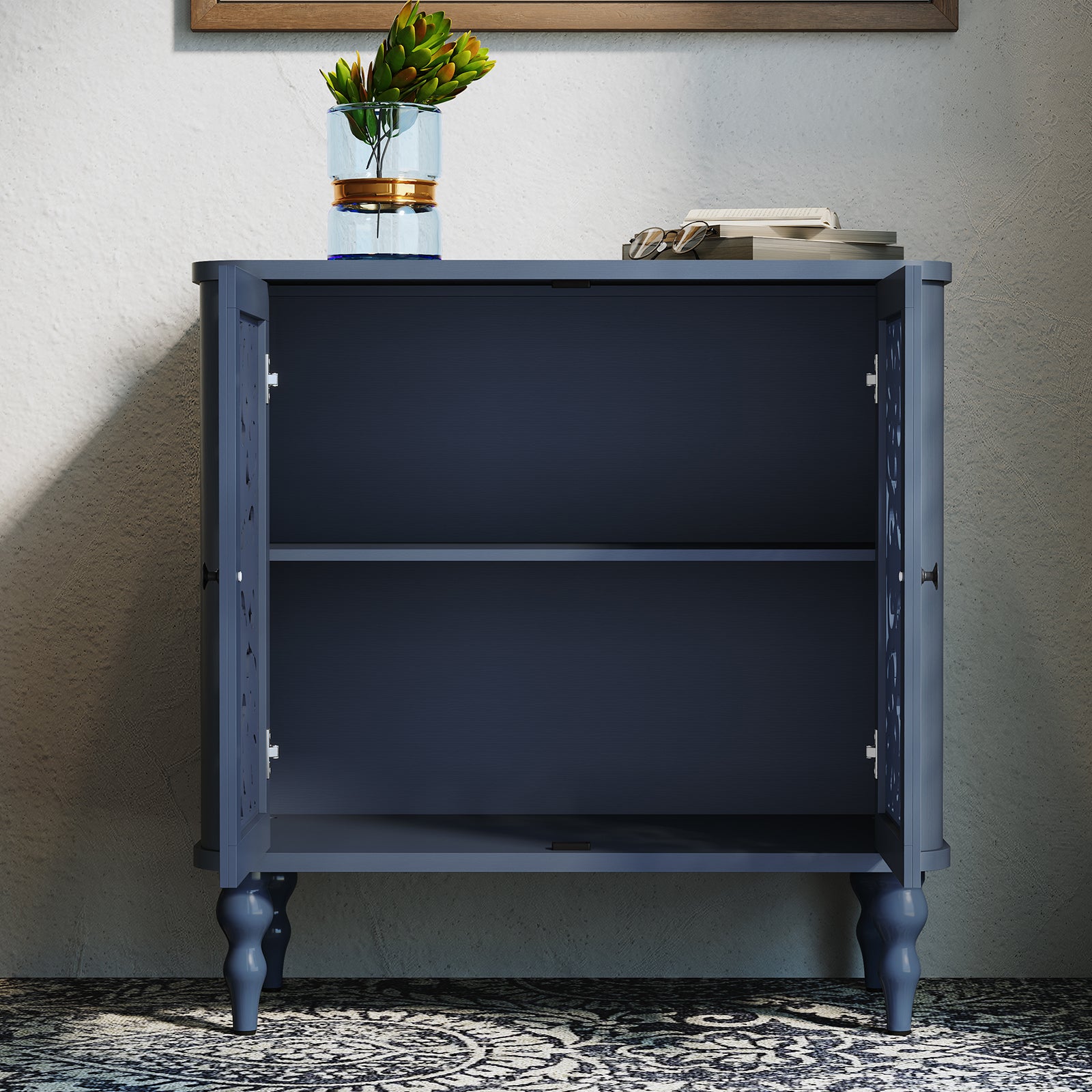 CBJCBJ 31.5" Retro Arc Carved Sideboard Buffet Cabinet, Wooden Credenza Storage for Dining Room,Blue