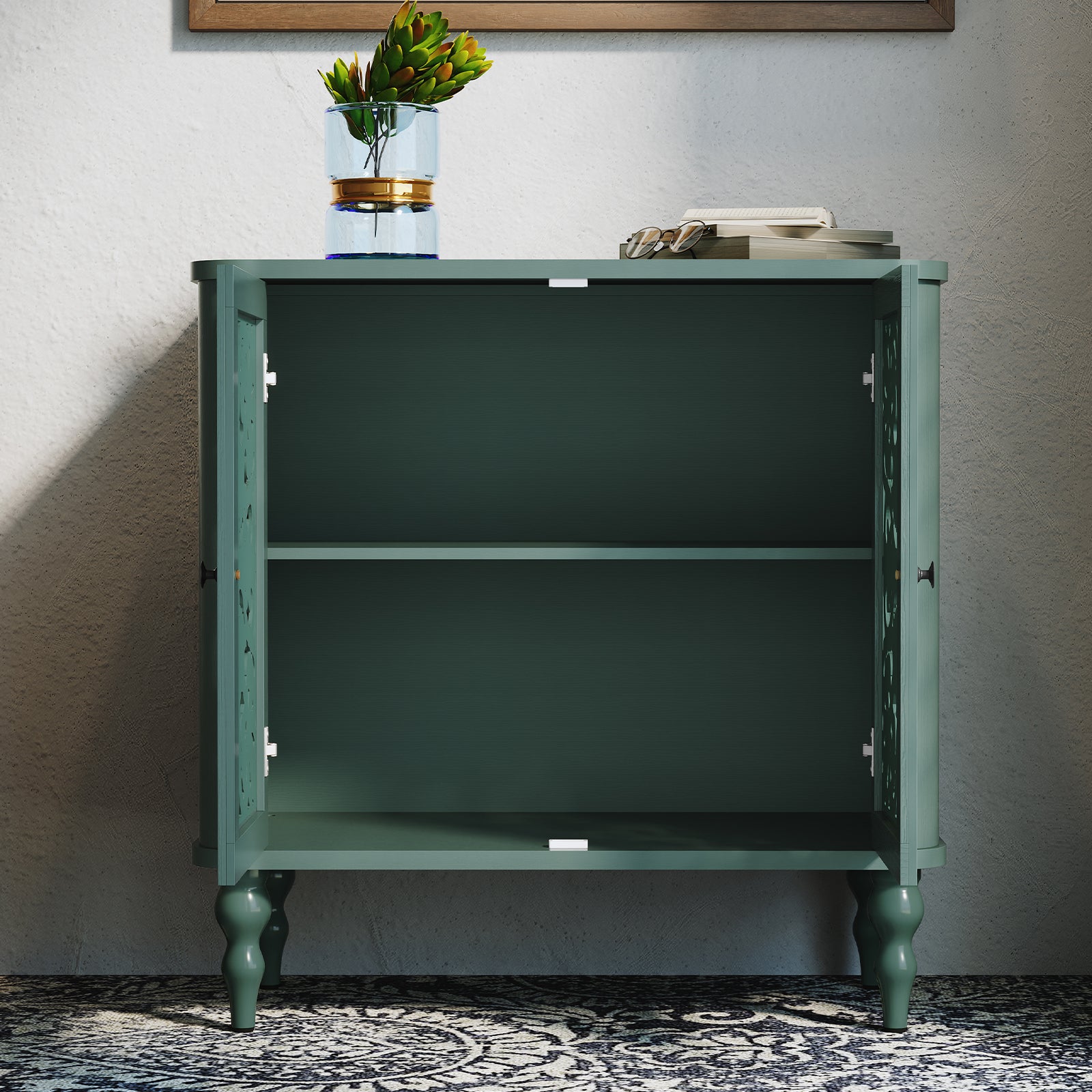CBJCBJ 31.5" Retro Arc Carved Sideboard Buffet Cabinet, Wooden Credenza Storage for Dining Room, Green