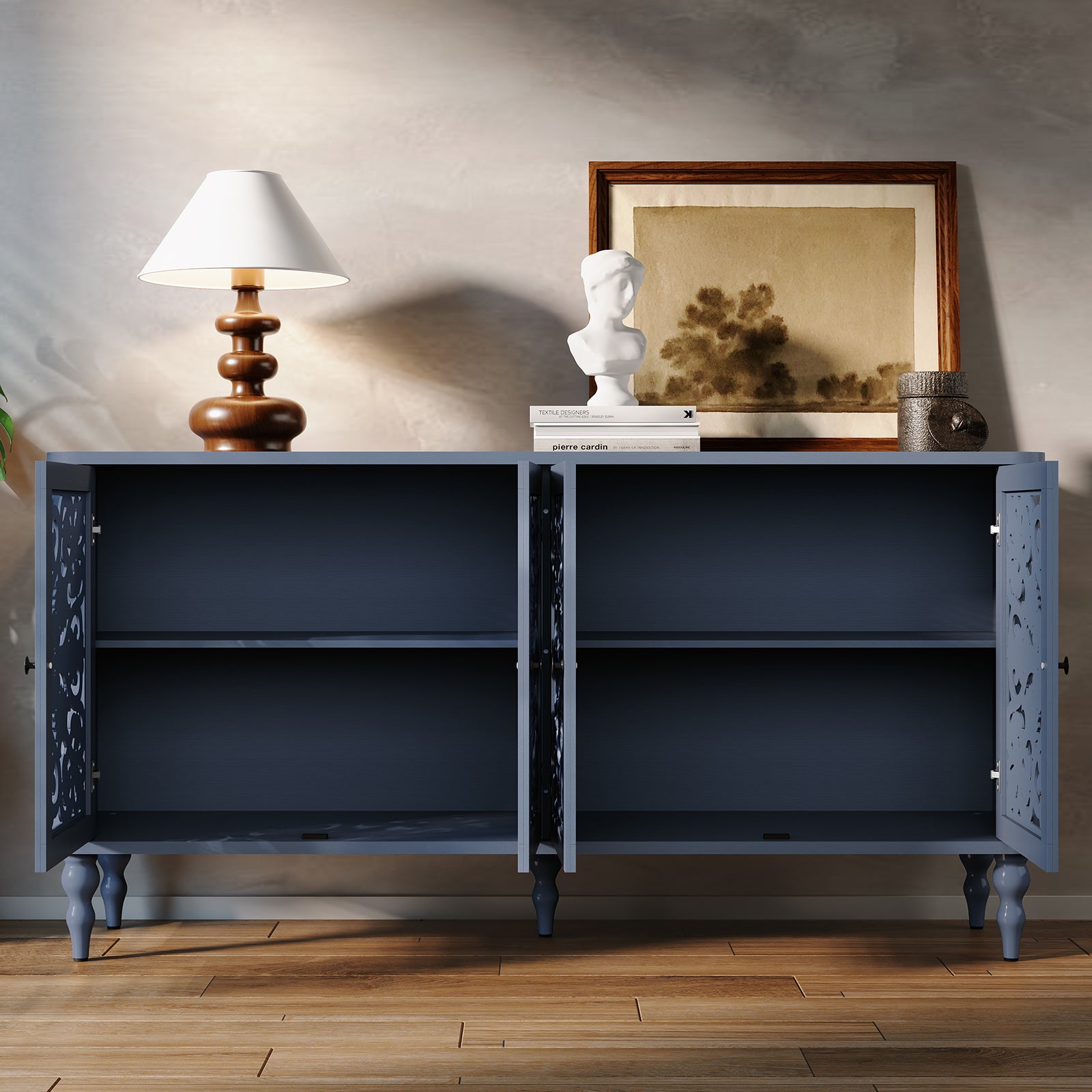 HLR 63" Mid Century Rounded Corners Sideboards Buffets Cabinet with 4 Doors Storage for Kitchen Dining, Blue