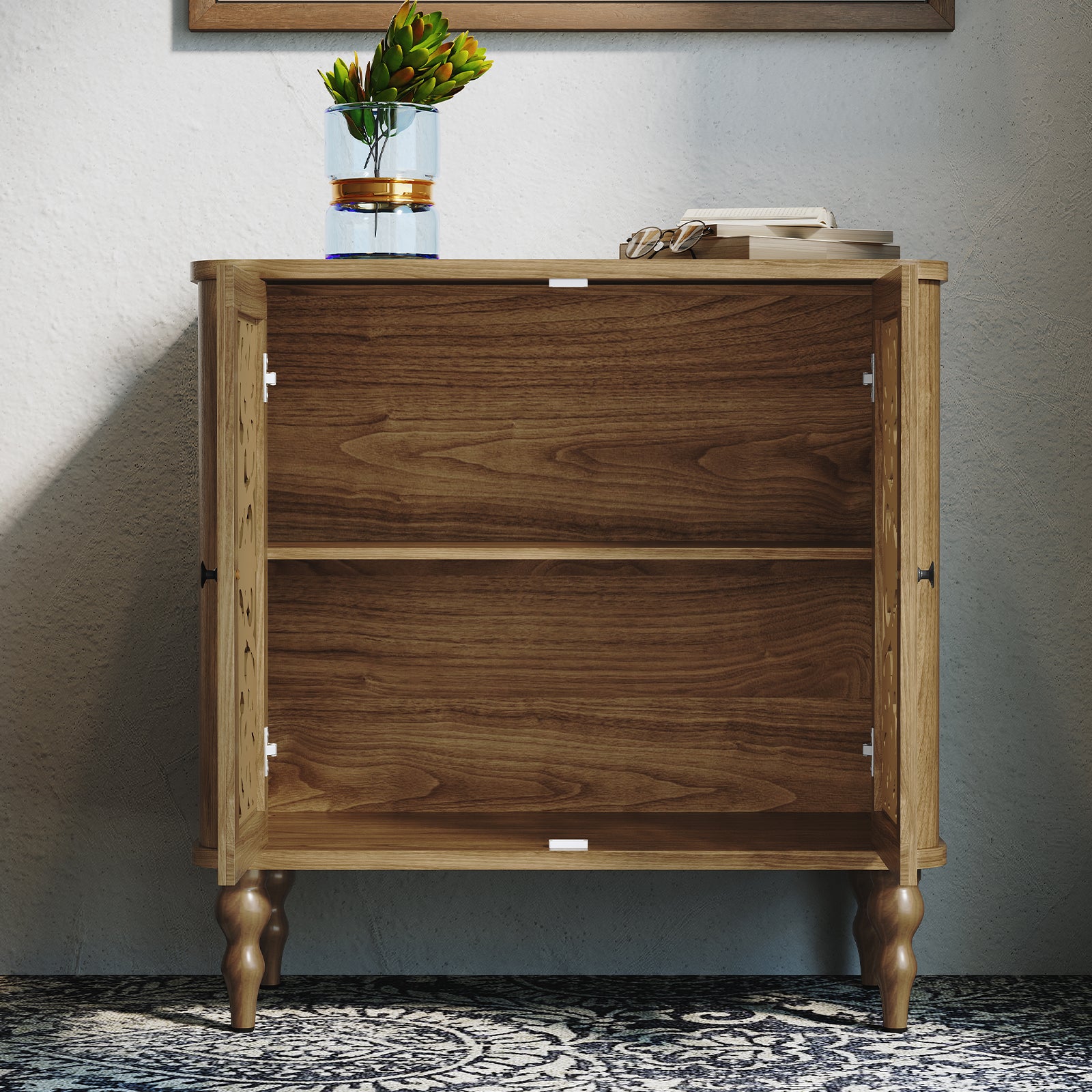 CBJCBJ 31.5" Retro Arc Carved Sideboard Buffet Cabinet, Wooden Credenza Storage for Dining Room, Brown