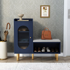 CBJCBJ Modern Storage Bench with Glass Door & Shelf - L-Shaped Entryway Cabinet, Padded Seat for Hallway/Bedroom/Office